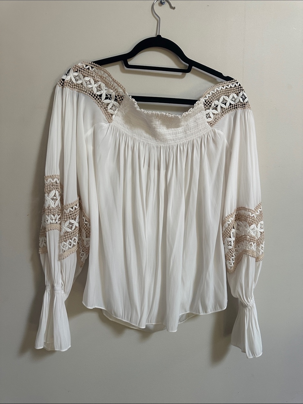 Ramy Brook White Off-Shoulder Blouse with Beige Crochet Trim - Picture 5 of 5